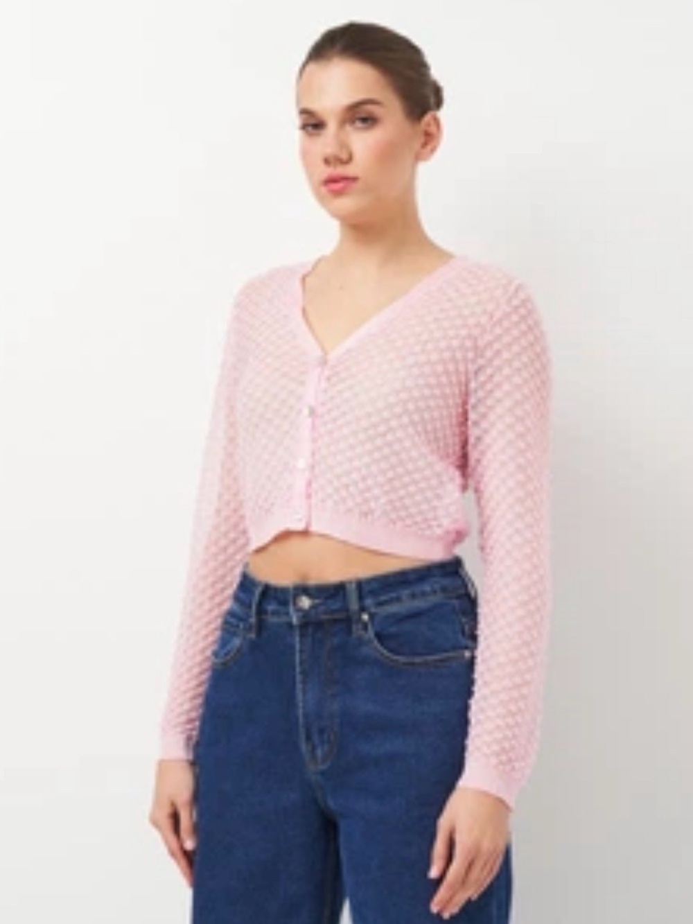 Zara light pink semi-sheer textured knit cropped cardigan